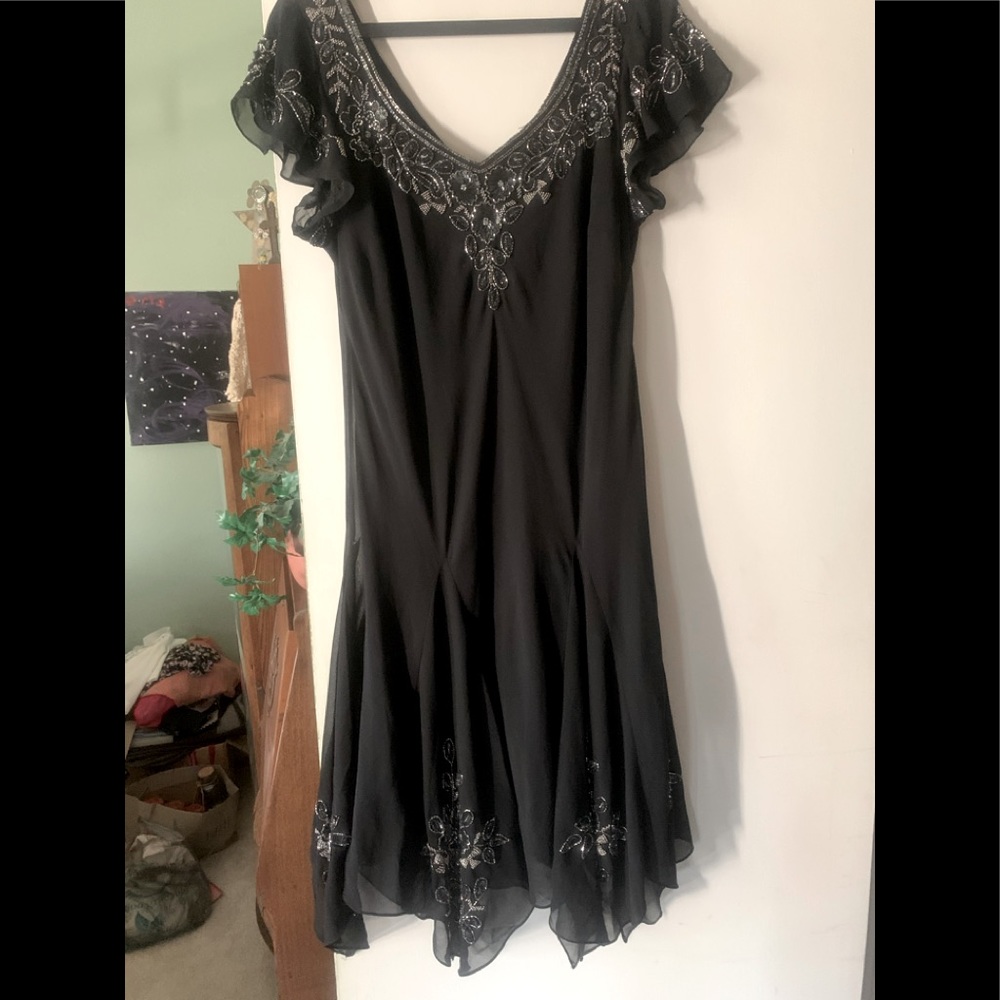 Beautiful chiffon black beaded cocktail dressy handkerchief hem……worn one time